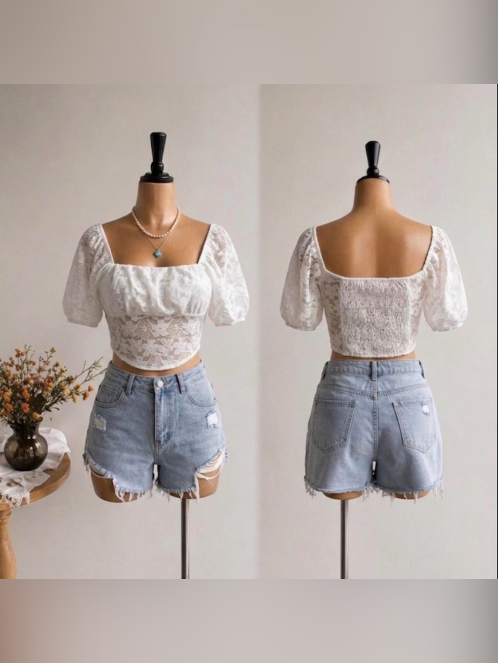 Women's White Lace Puff Sleeve Square Neck Crop Top - Elegant Casual